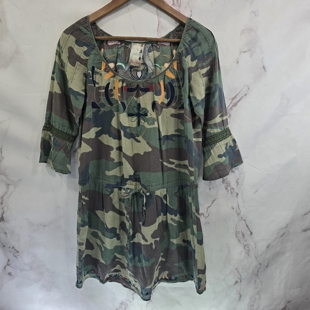 Da Nang Top Womens XS Green Camo Tunic Embroidered Shirt Longline Military Army